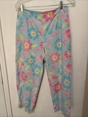 Talbots Pink Blue Floral Stretch Cotton Stretch Blend Capri Pants Sz 8 Side Zip